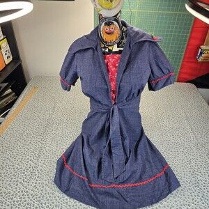VTG 60s Carole King Junior Fashions Chambray 2pc Prairie Dress Bolero XS